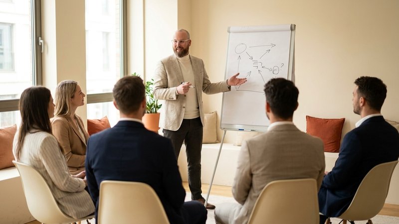 James Miller leading a leadership training session at a flipchart